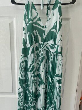 Eva Mendez Tropical Halter Maxi Dress Size Large Green & White